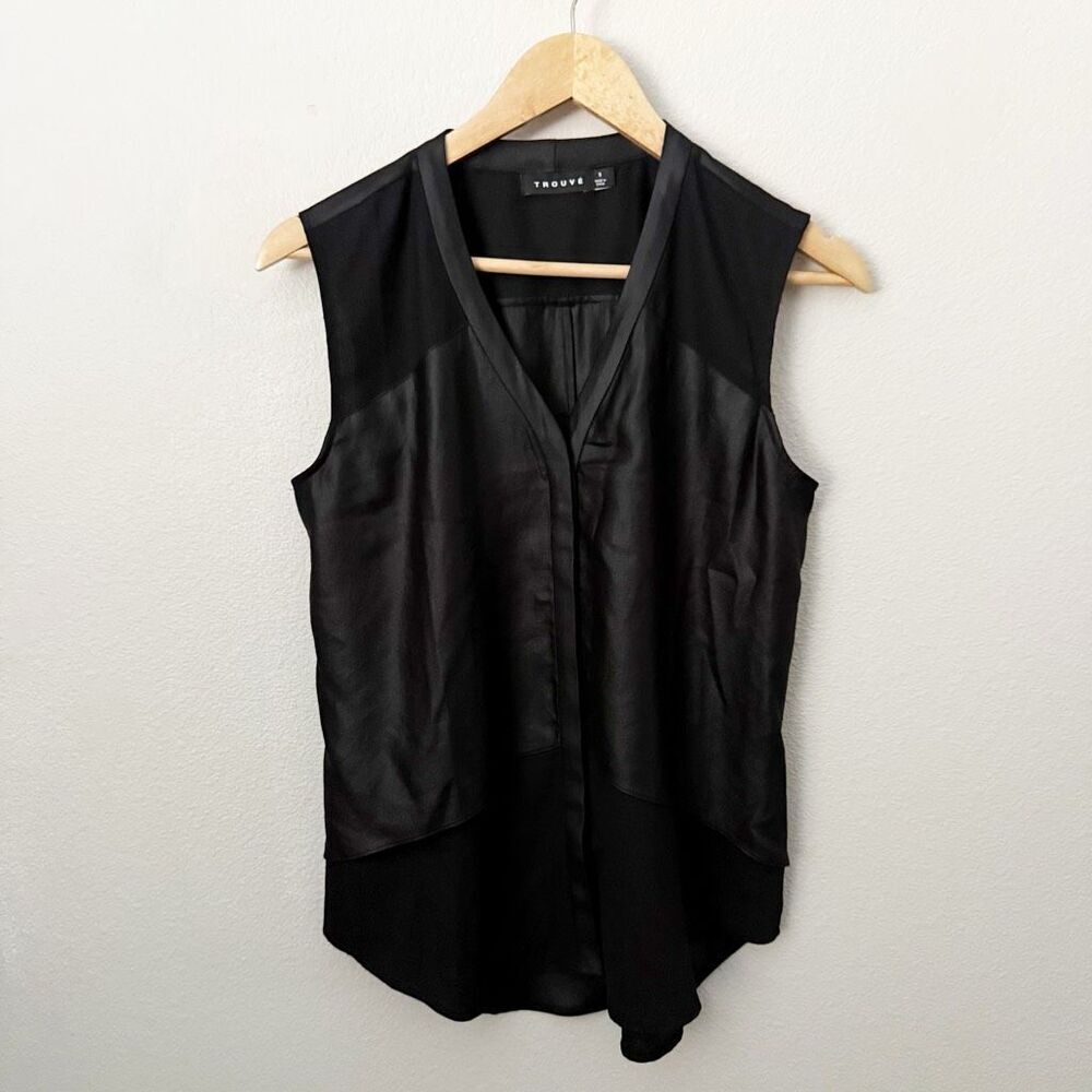 TROUVE | Black Leather-Look Tank Sleeveless Blouse Sheer Bottom | Size Small